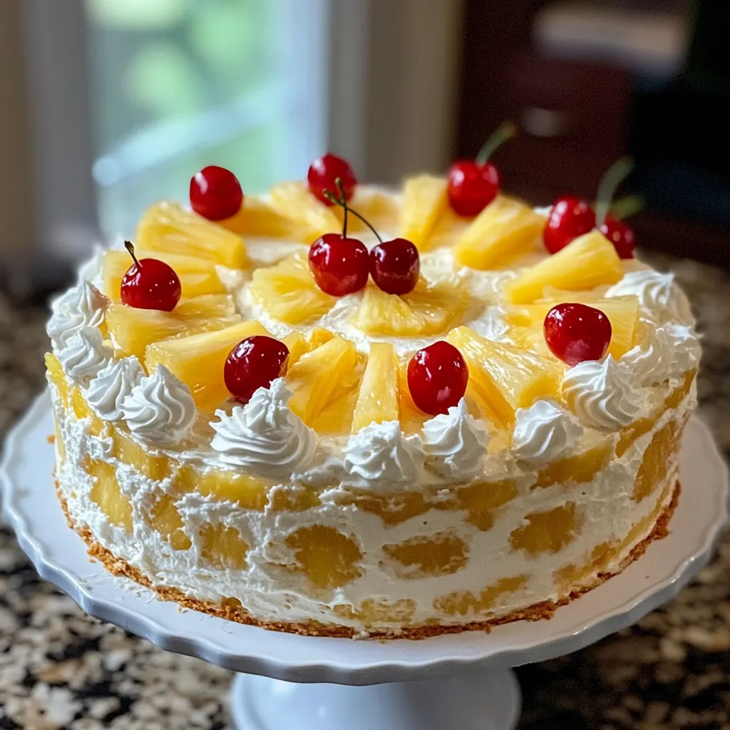A cake with pineapple and cherries on top.