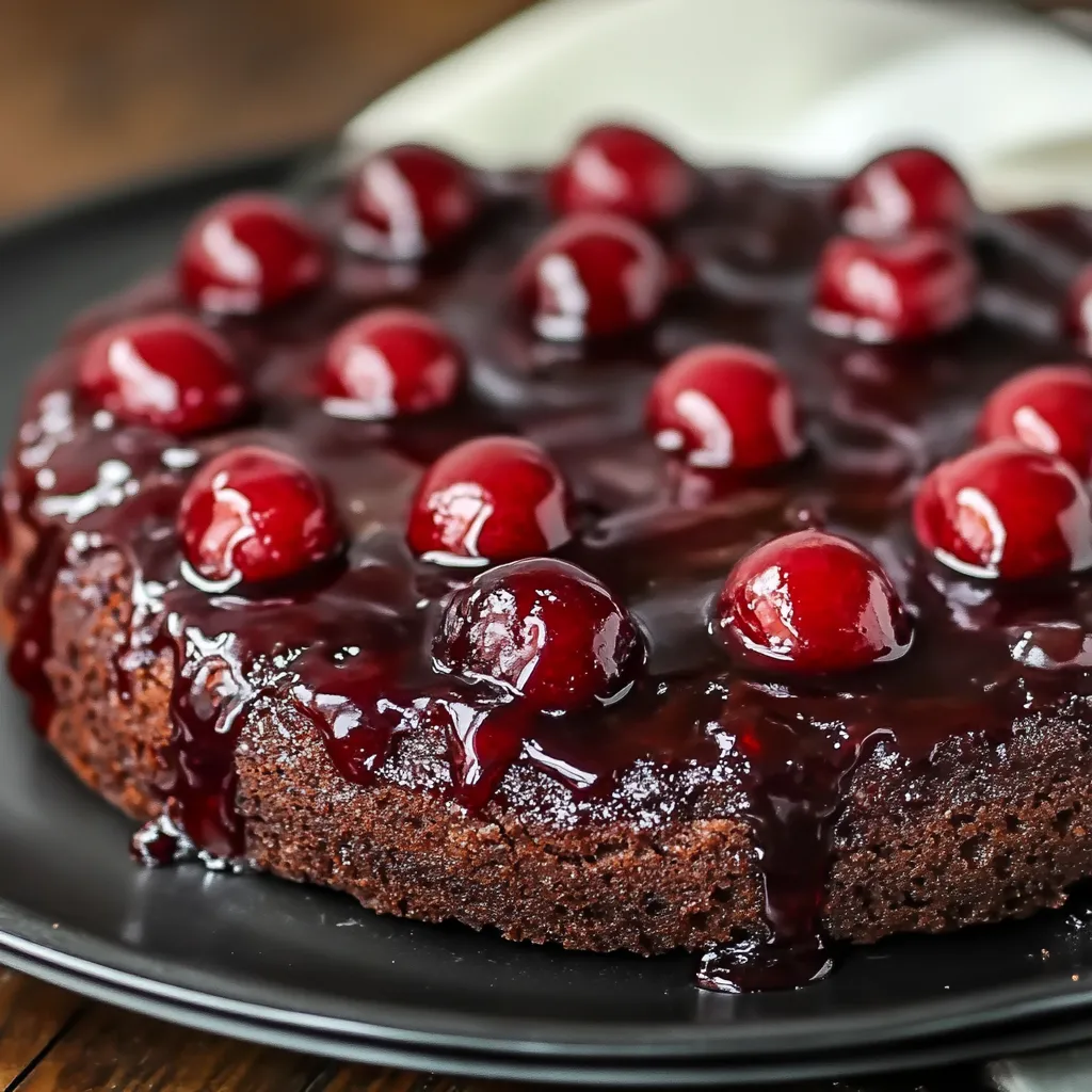 A slice of chocolate cake with cherries on top.