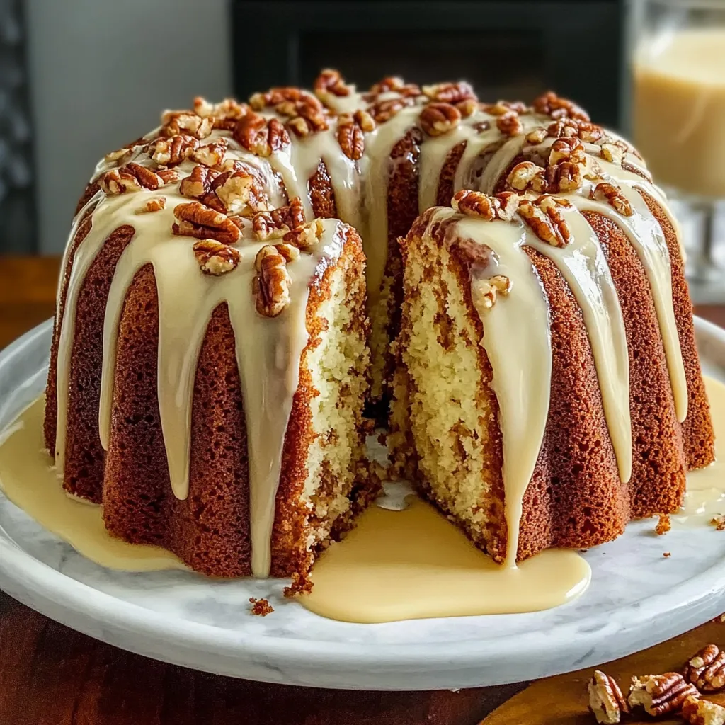A cake with pecans and caramel sauce.