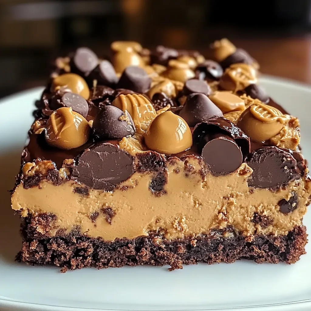 A piece of chocolate cake with peanut butter and chocolate chips.