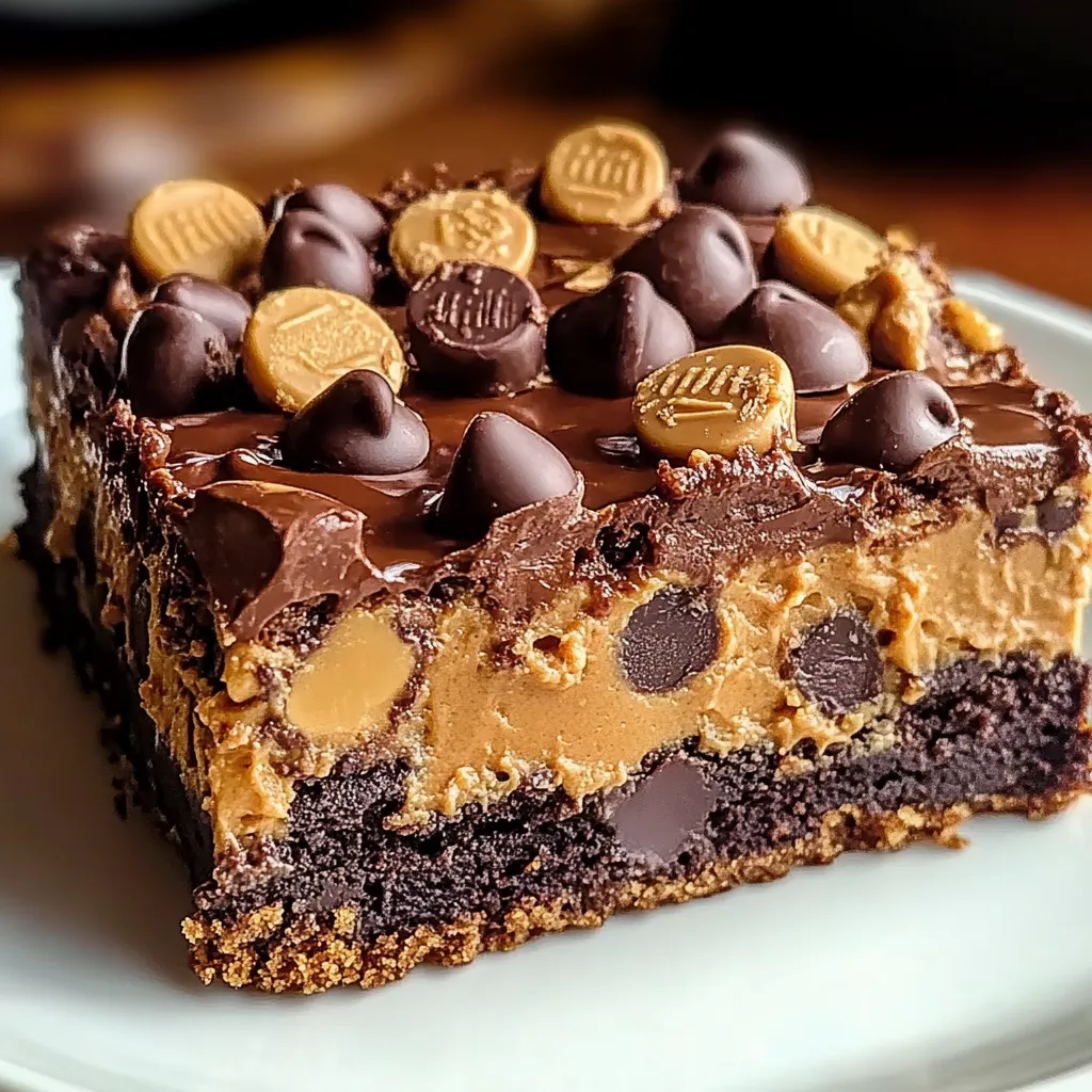 A slice of chocolate cake with peanut butter and chocolate chips.