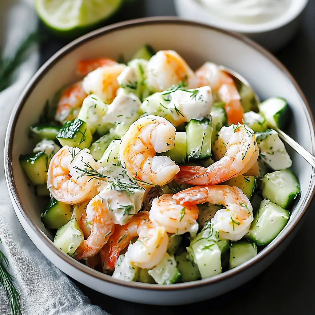A bowl of shrimp salad with cucumbers and limes.
