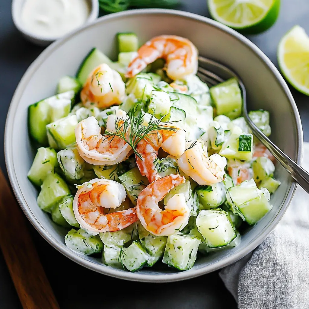 A bowl of shrimp salad with cucumbers and limes.