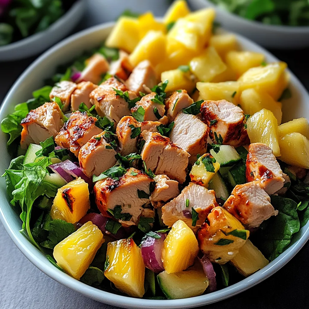 A bowl of food with chicken, pineapple, and vegetables.