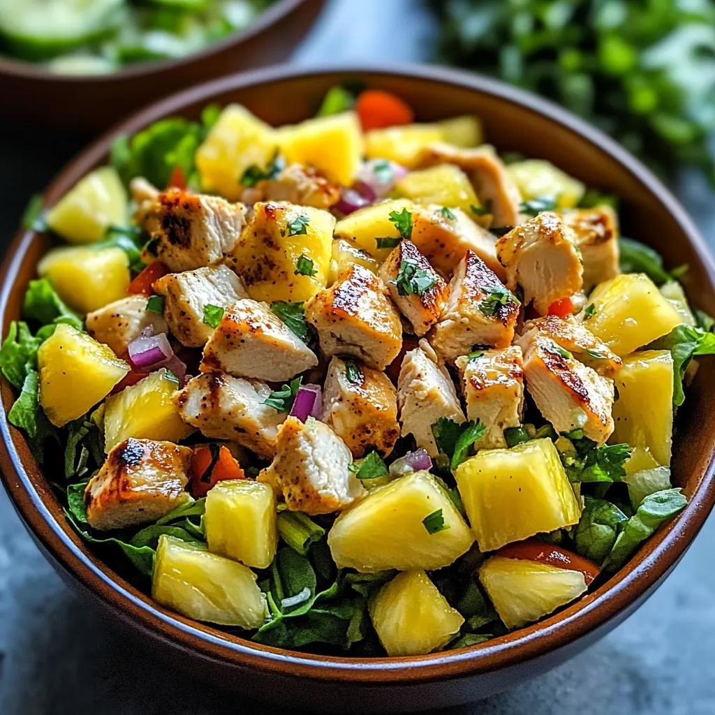 A bowl of chicken salad with pineapple and green onions.