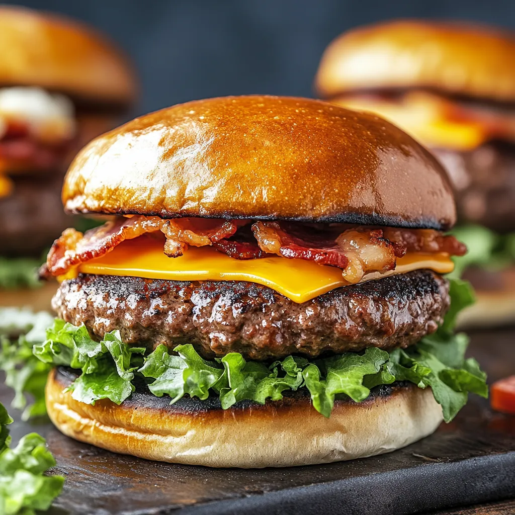 A close up of a bacon cheeseburger.