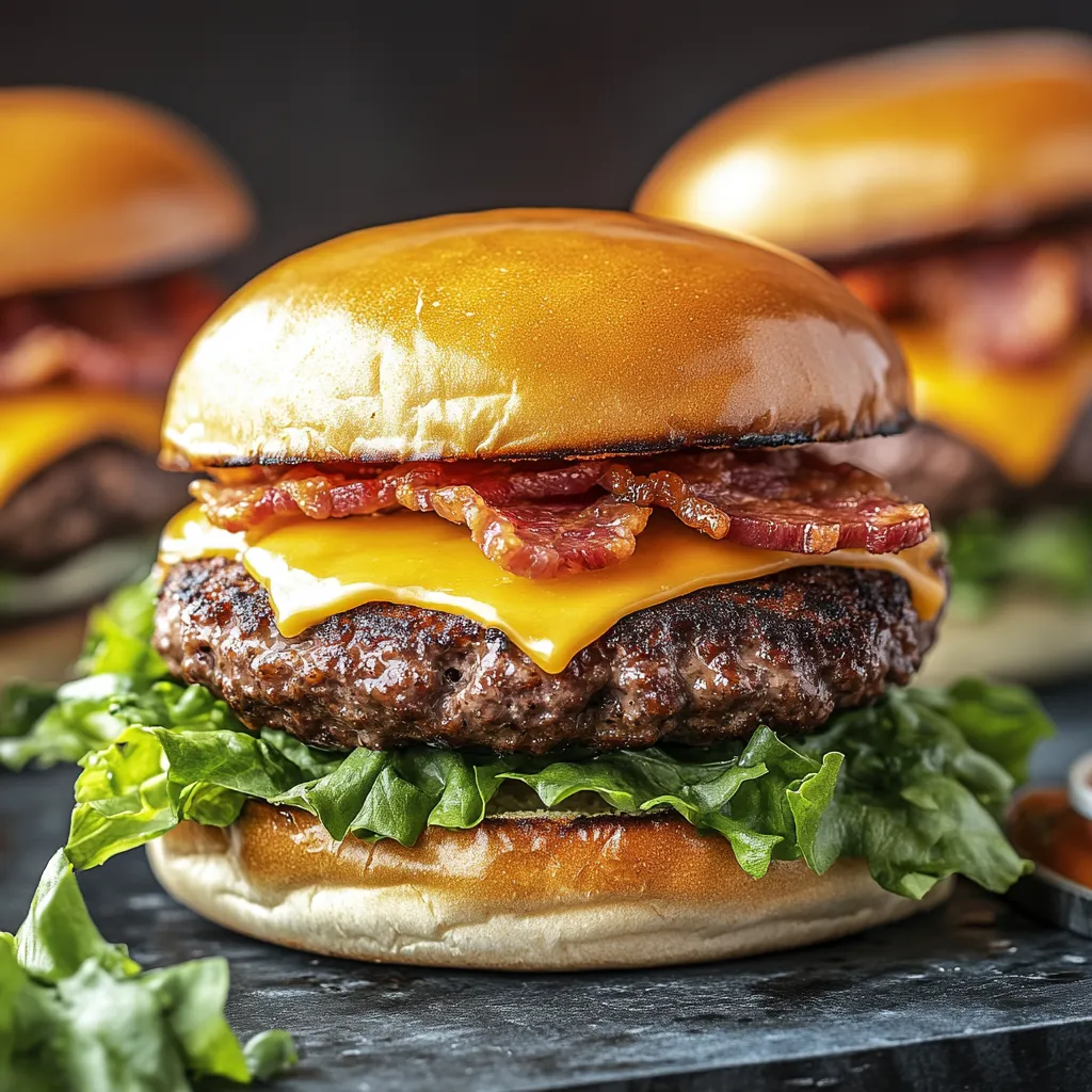 A close up of a bacon cheeseburger.