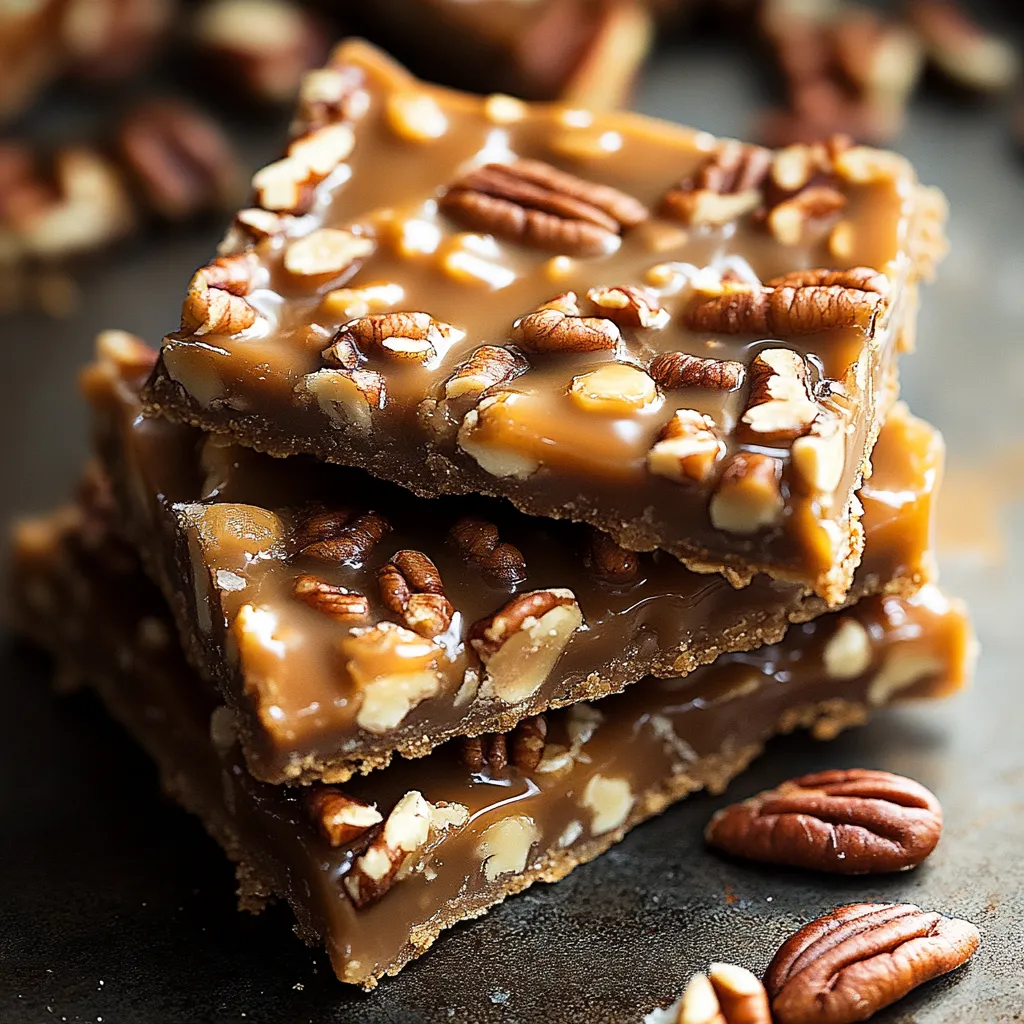 A stack of pecan bars on a table.