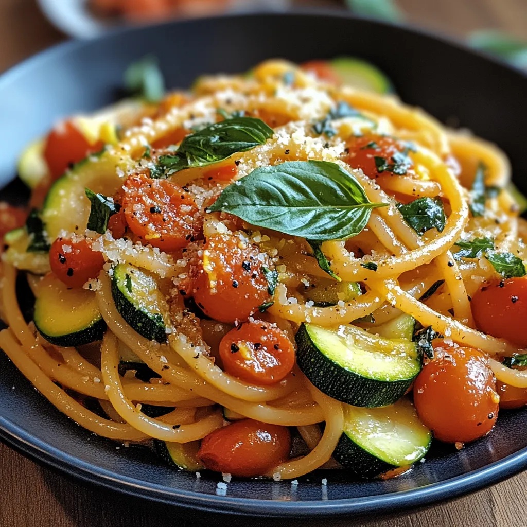 A bowl of pasta with tomatoes, zucchini, and basil.