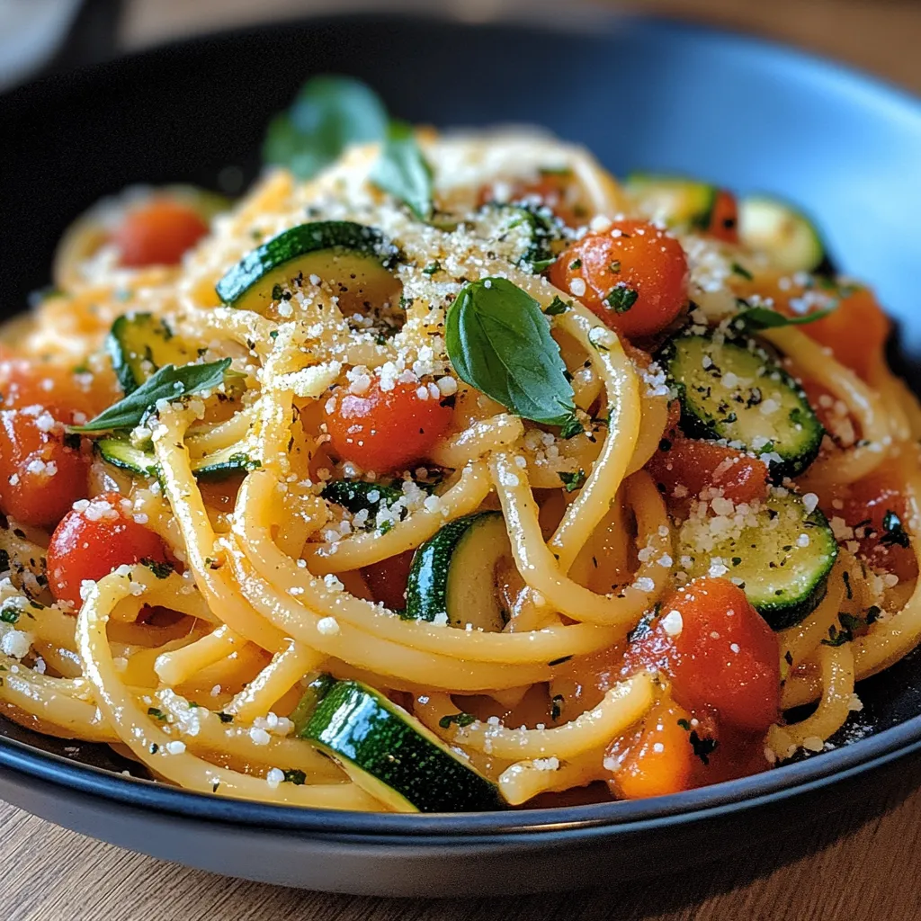 A bowl of pasta with tomatoes, zucchini, and cheese.