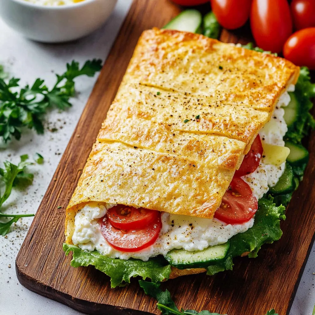 A sandwich with tomatoes and cucumbers on a wooden board.