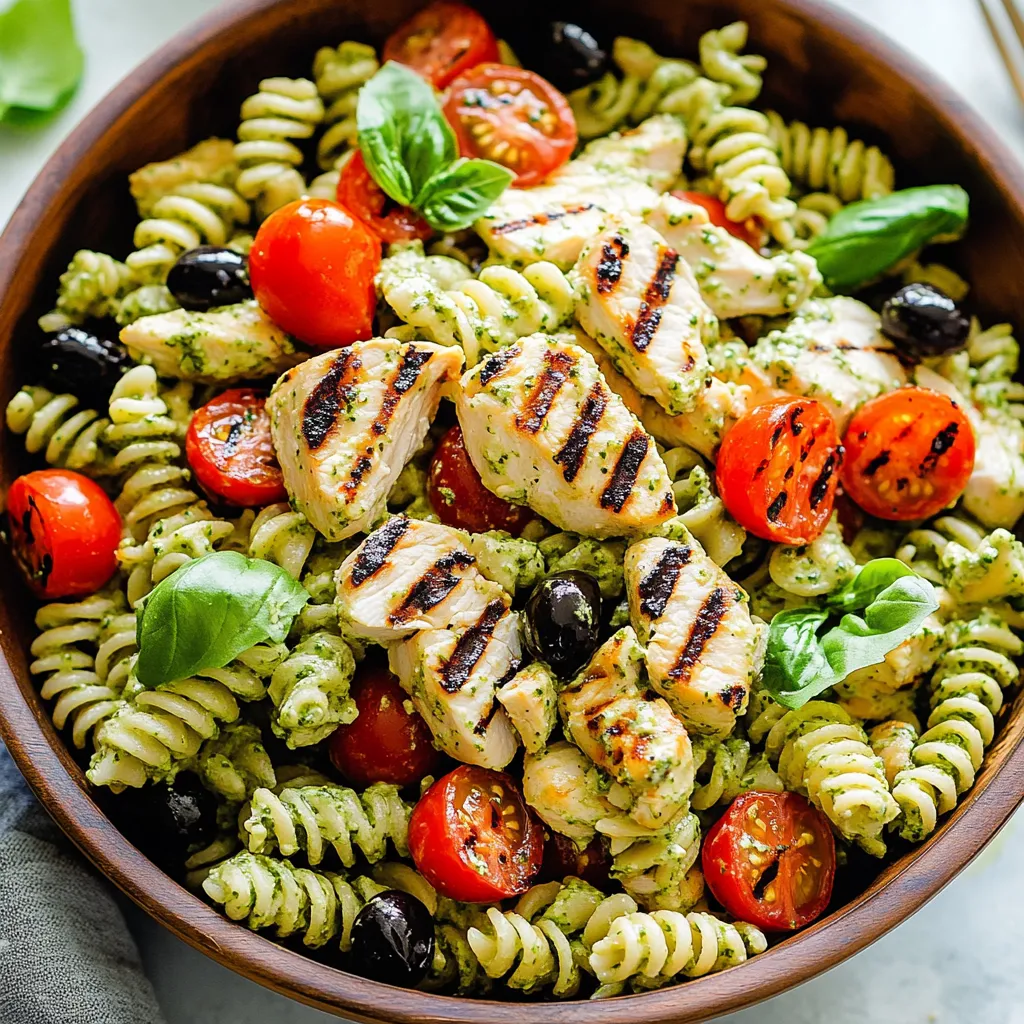 A bowl of pasta with chicken and tomatoes.