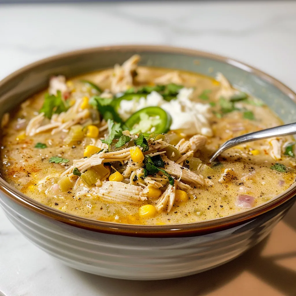 A bowl of soup with chicken and corn.