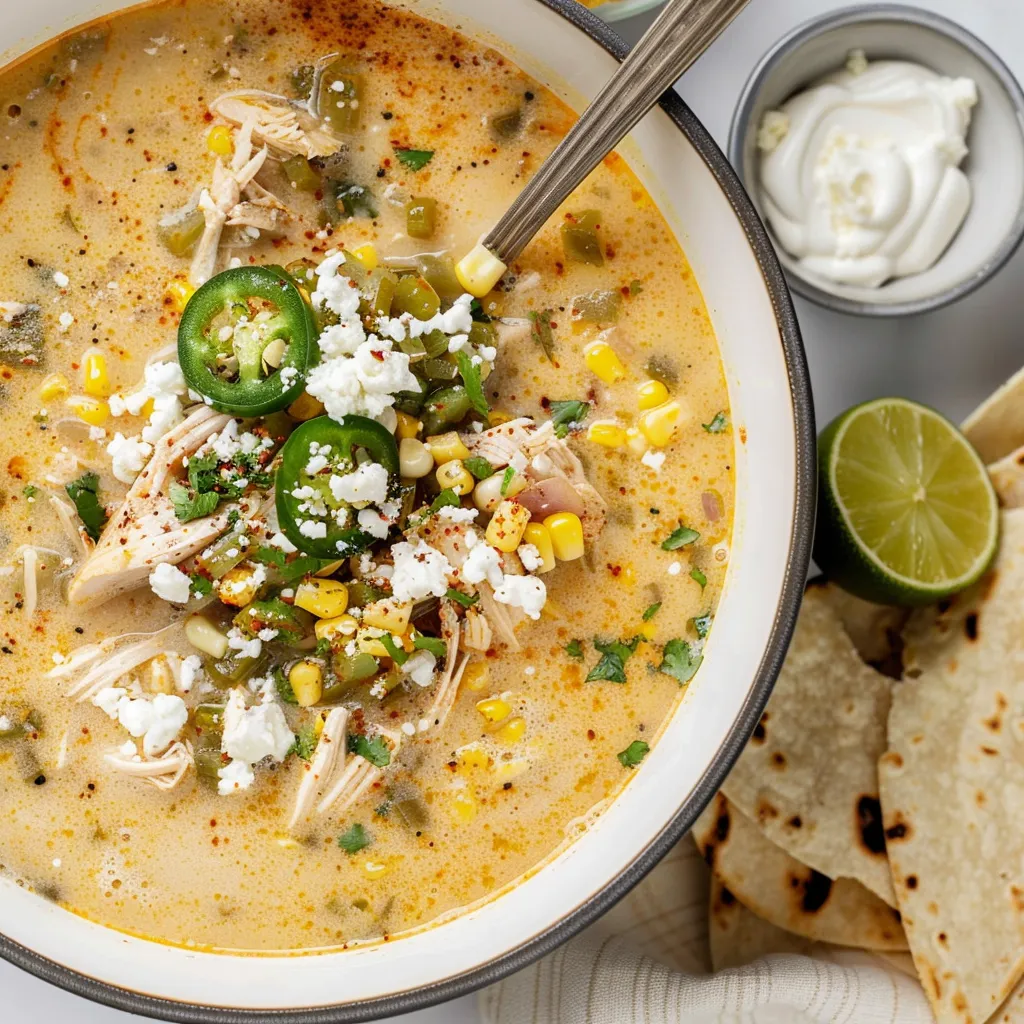 A bowl of soup with chicken, corn, and peppers.