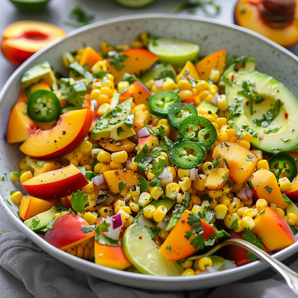 A bowl of fruit salad with corn, peppers, and avocado.