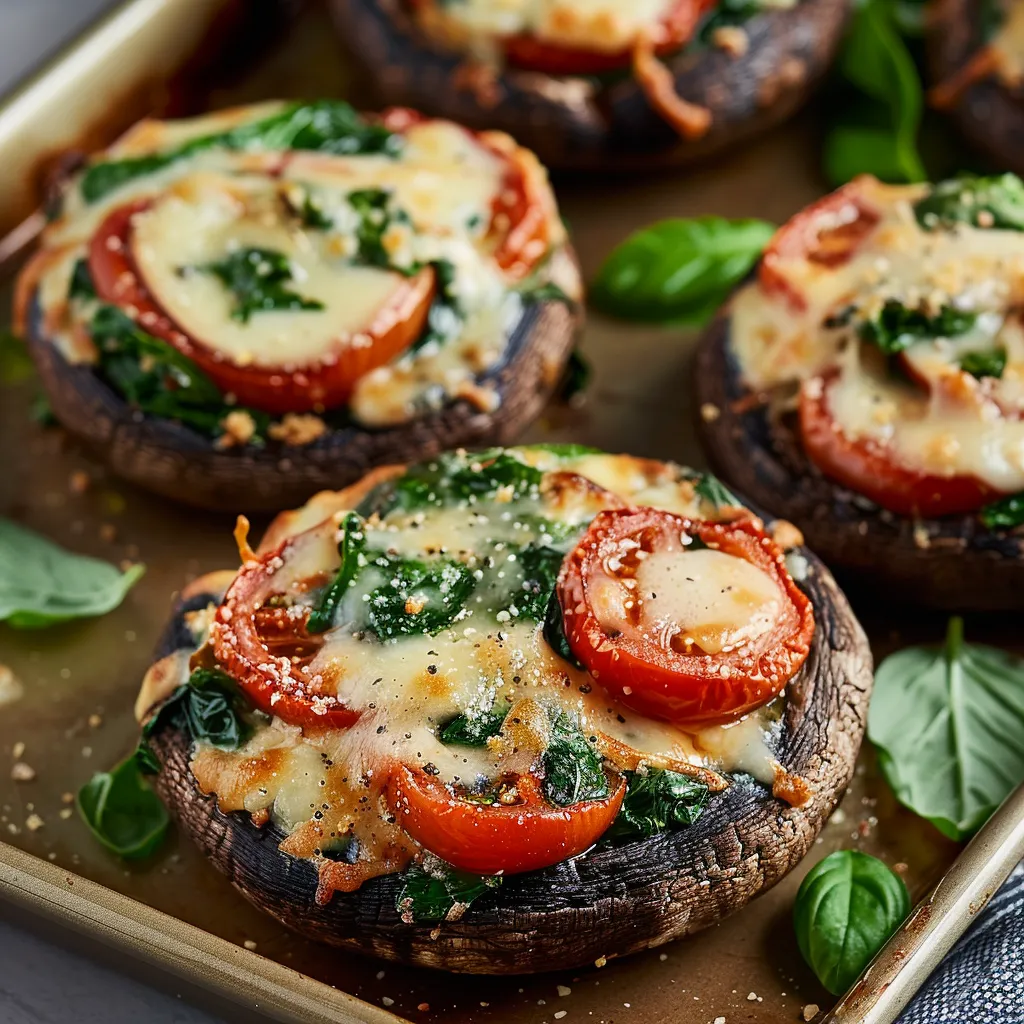 A pan of mushrooms with tomatoes and spinach.