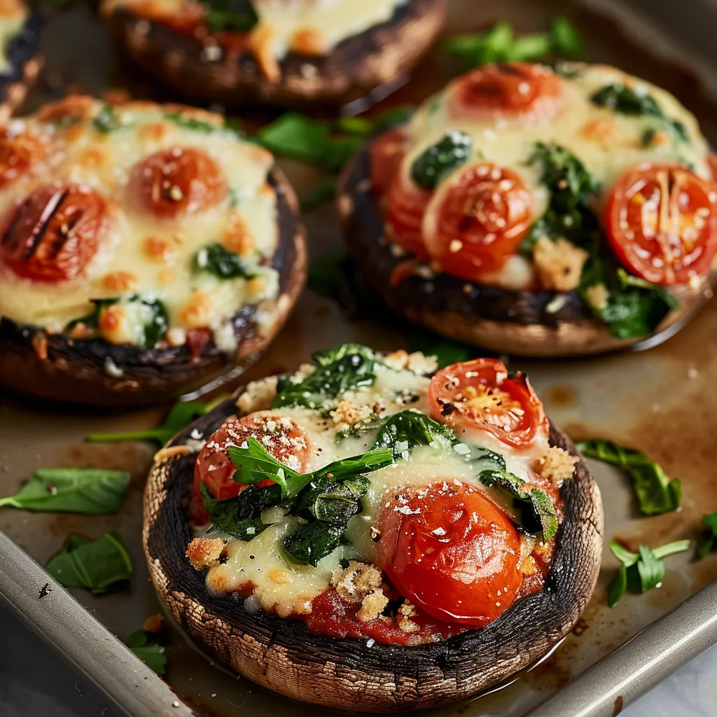 A plate of mushrooms with tomatoes and cheese.