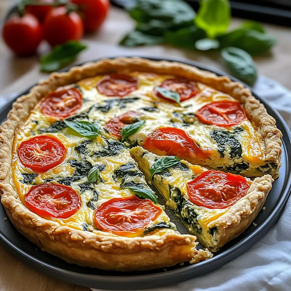 A slice of quiche with tomatoes and spinach.