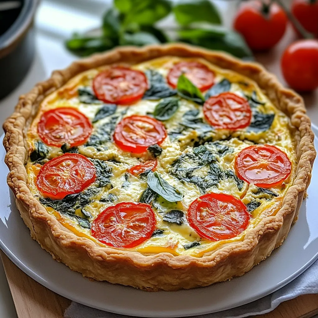 A pizza with tomatoes and spinach on a white plate.