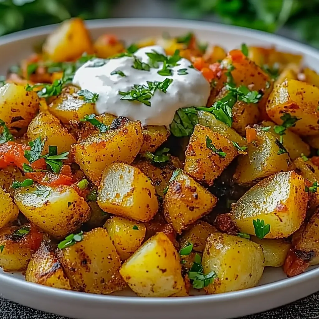 A bowl of food with potatoes and white sauce.
