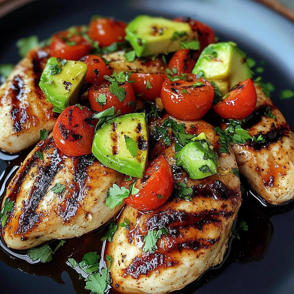 Chicken with tomatoes and avocado.
