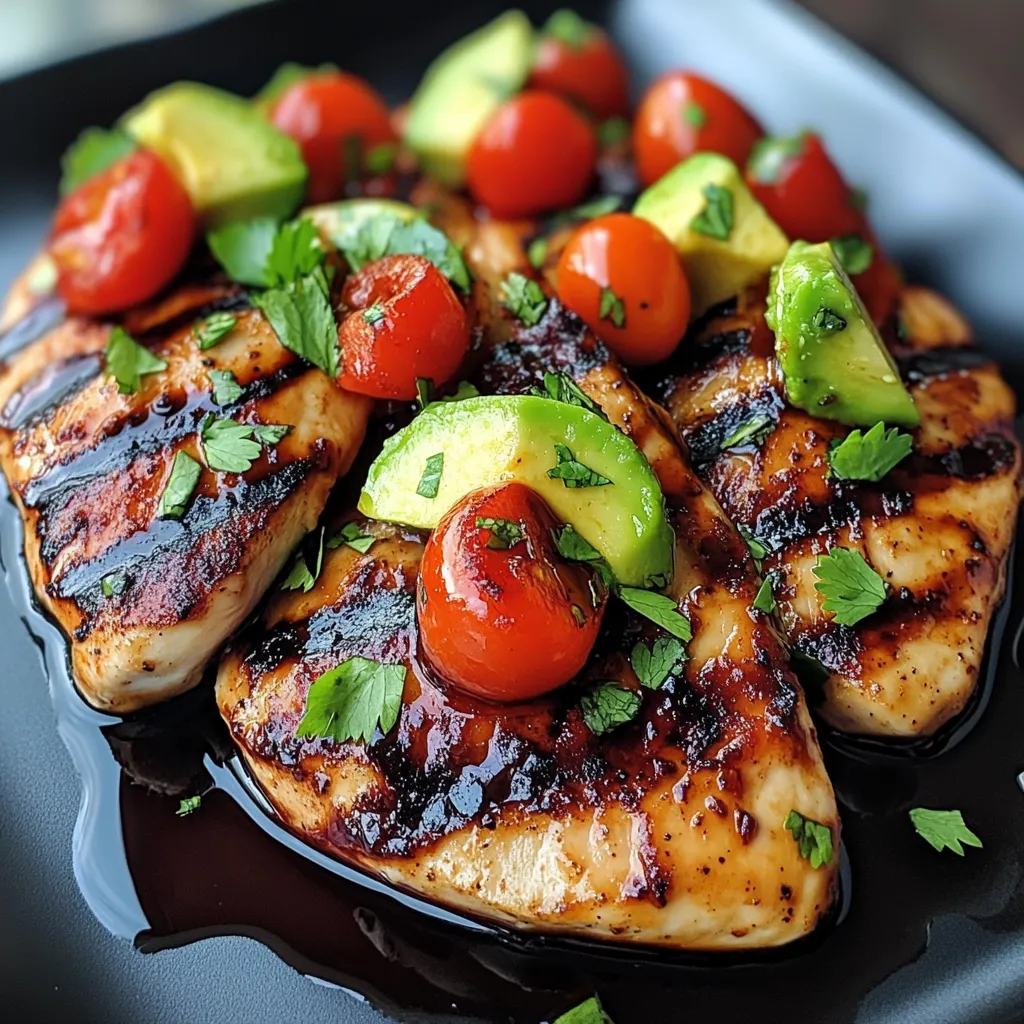 A plate of food with chicken, tomatoes, and avocado.