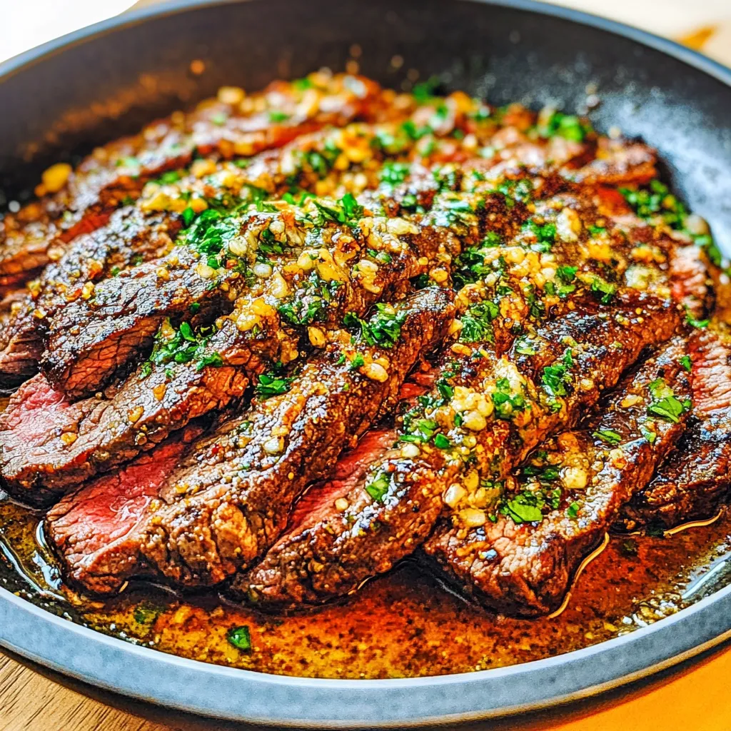 A pan of steak with sauce.