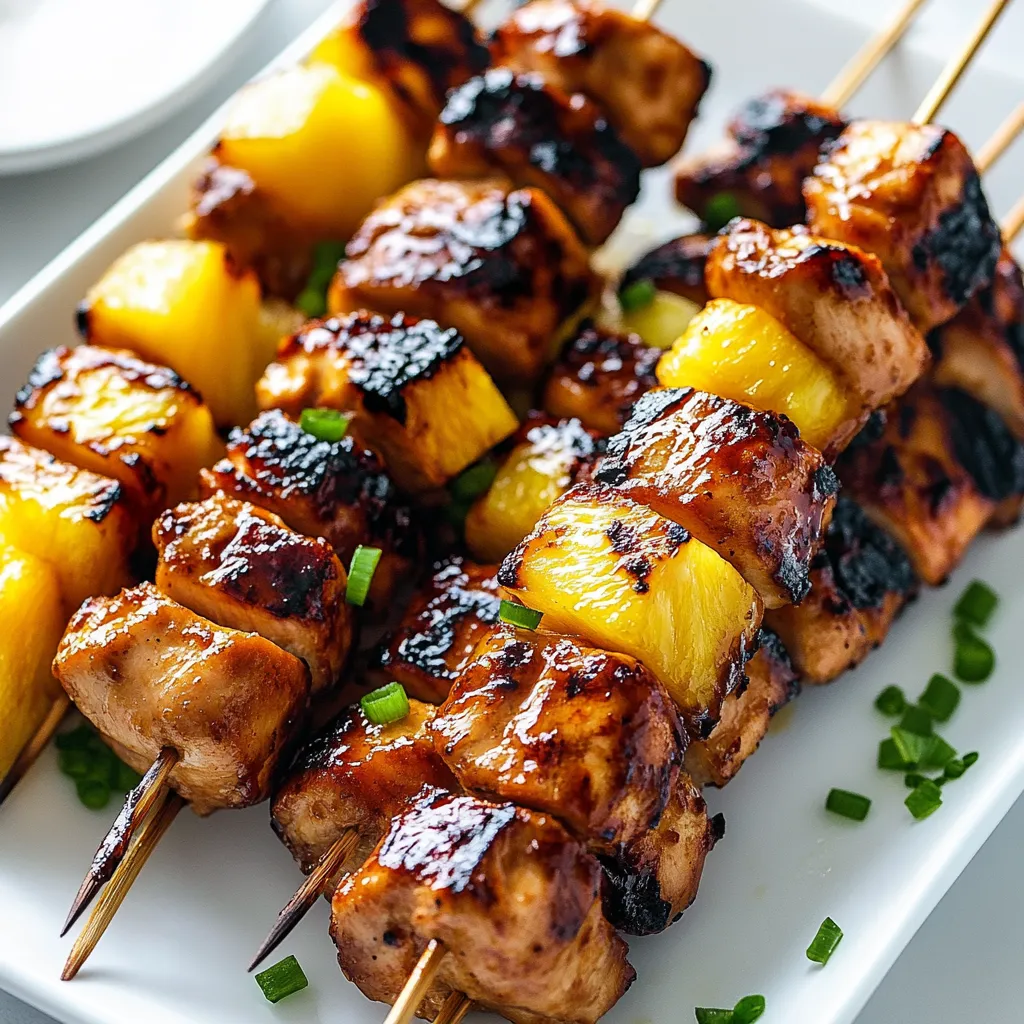 A plate of shish kabob with pineapple and green onions.