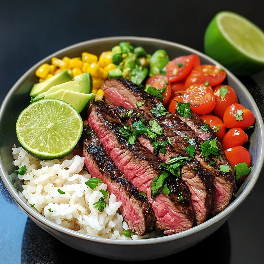 A bowl of food with meat, rice, tomatoes, limes, and avocado.