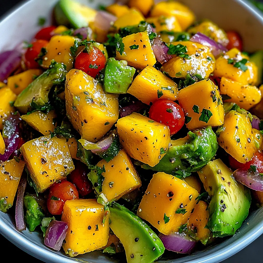 A bowl of fruit salad with avocado, tomato, onion, and lime.