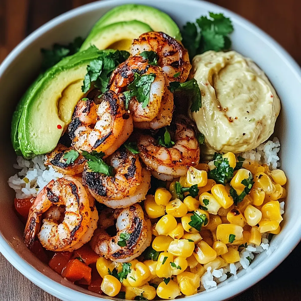 A bowl of food with shrimp, avocado, rice, and corn.