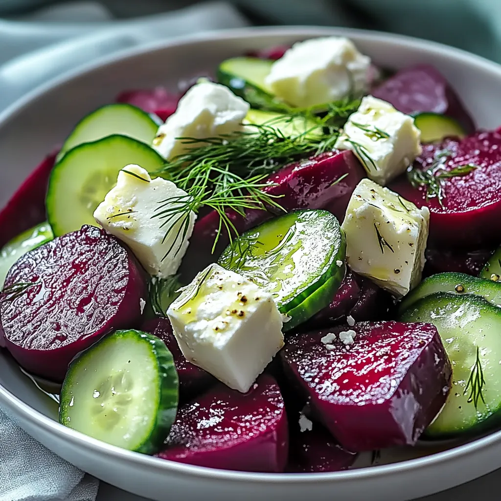 A bowl of vegetables with cucumbers, red beets, and feta cheese.