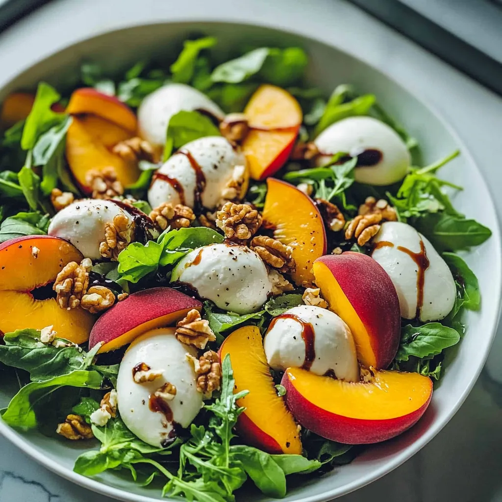 A bowl of salad with peaches and walnuts.