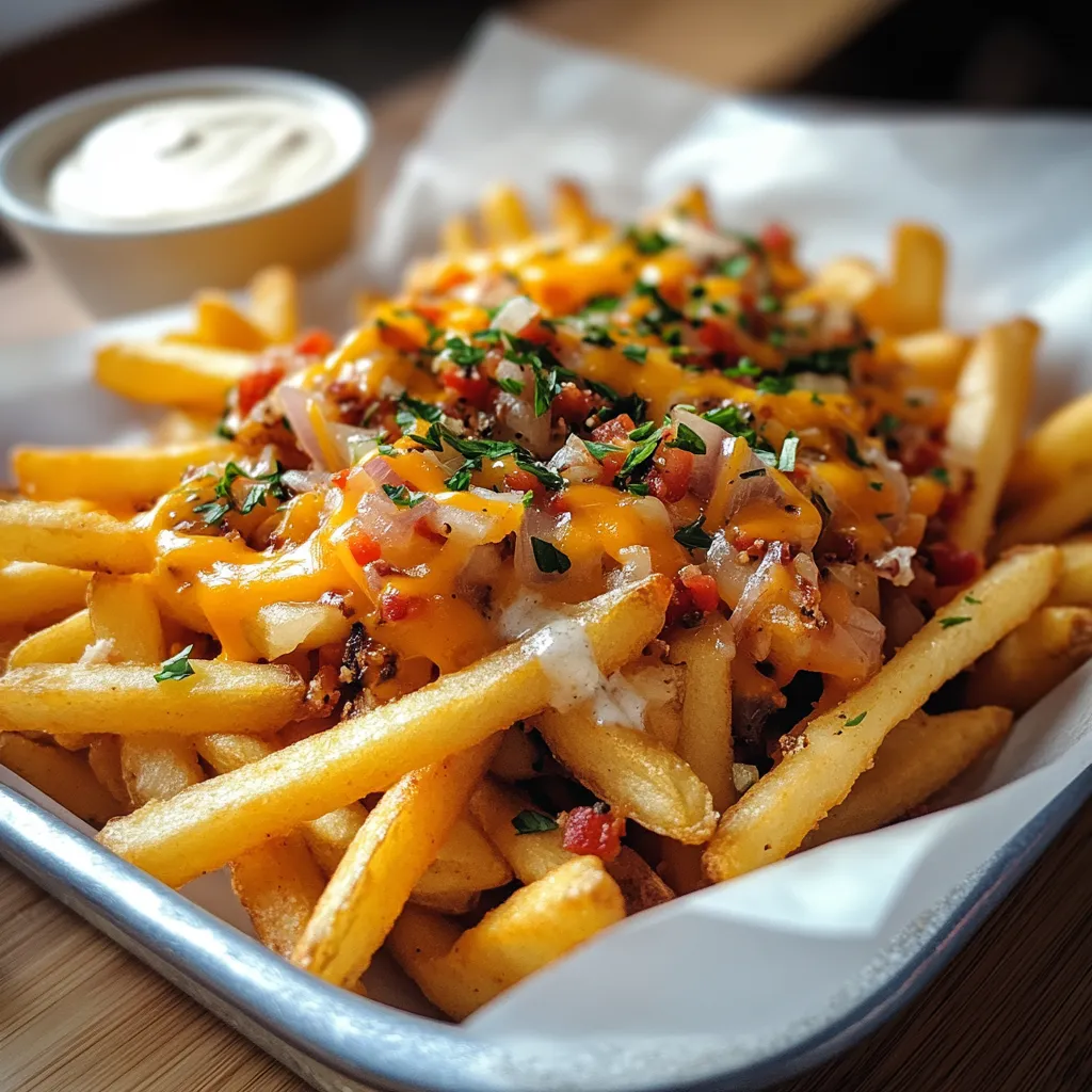 A plate of french fries with cheese and bacon.