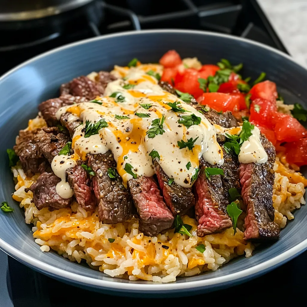 A plate of food with rice, meat, and tomatoes.