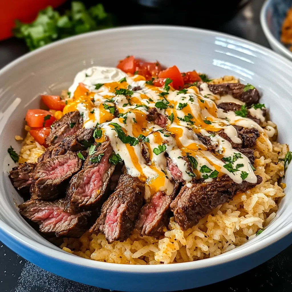 A bowl of rice with meat and sauce.