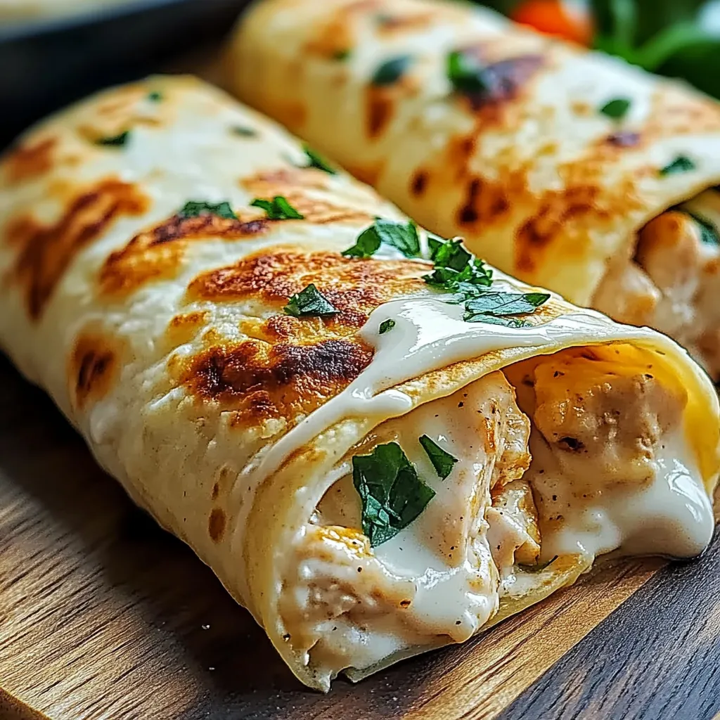 A burrito with white sauce and green toppings.