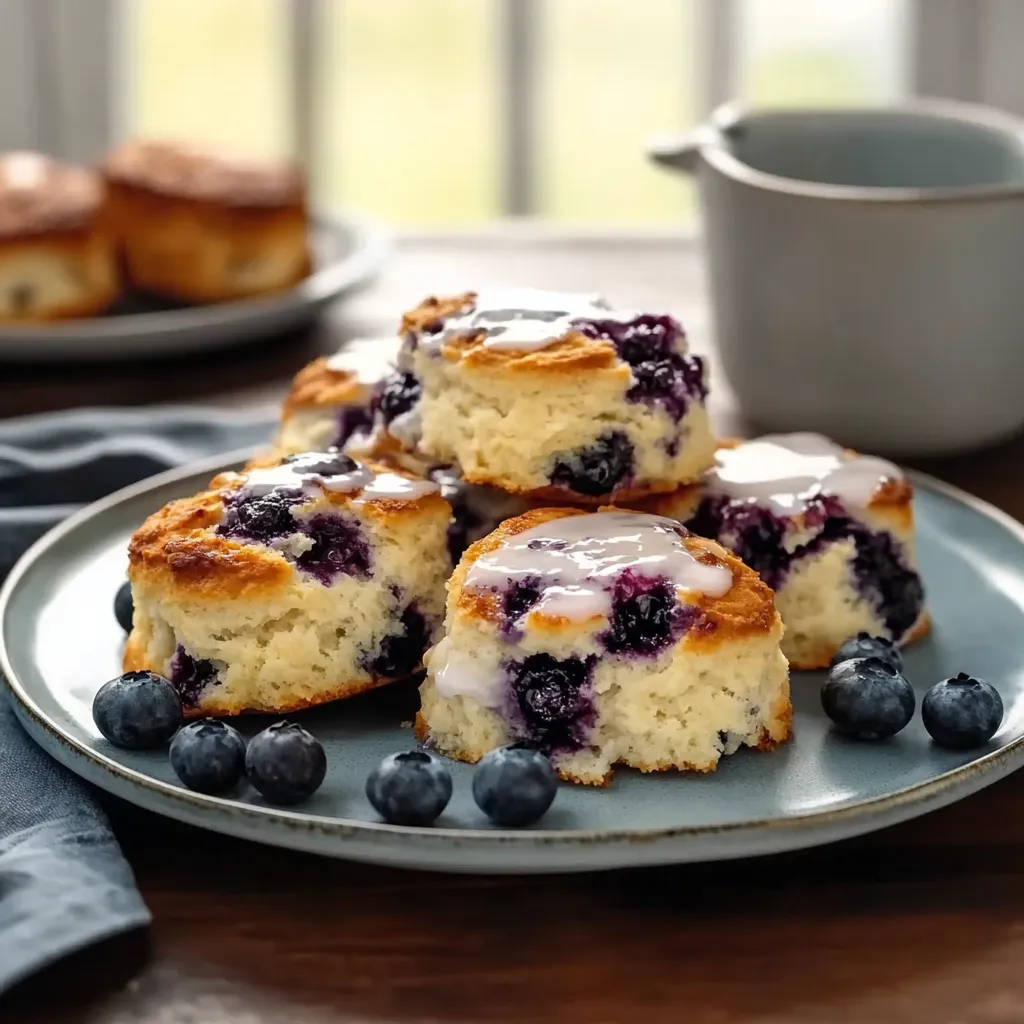 A plate of blueberry muffins with white icing.