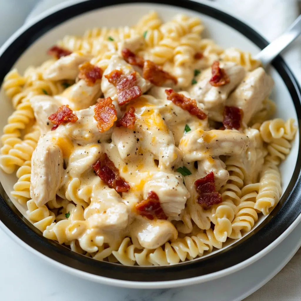 A bowl of pasta with chicken and bacon.