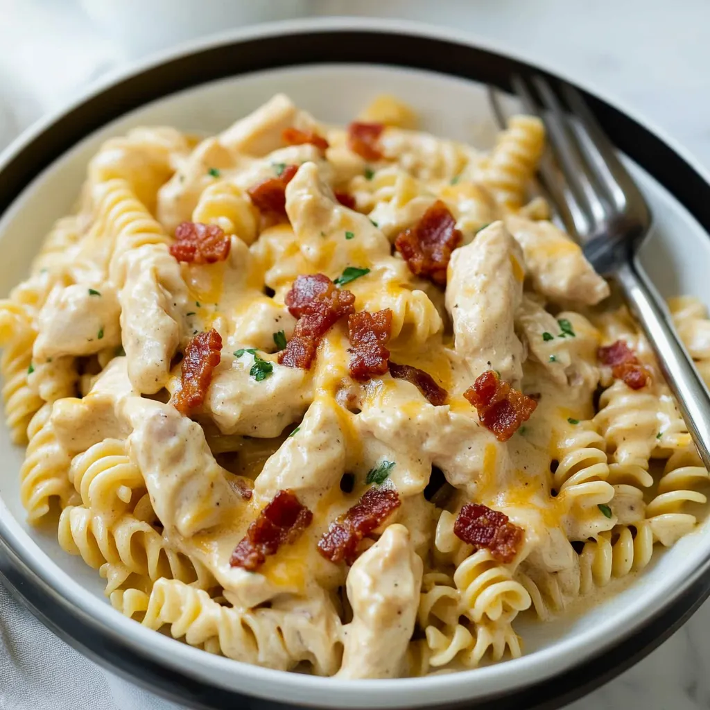 A bowl of pasta with bacon and cheese.
