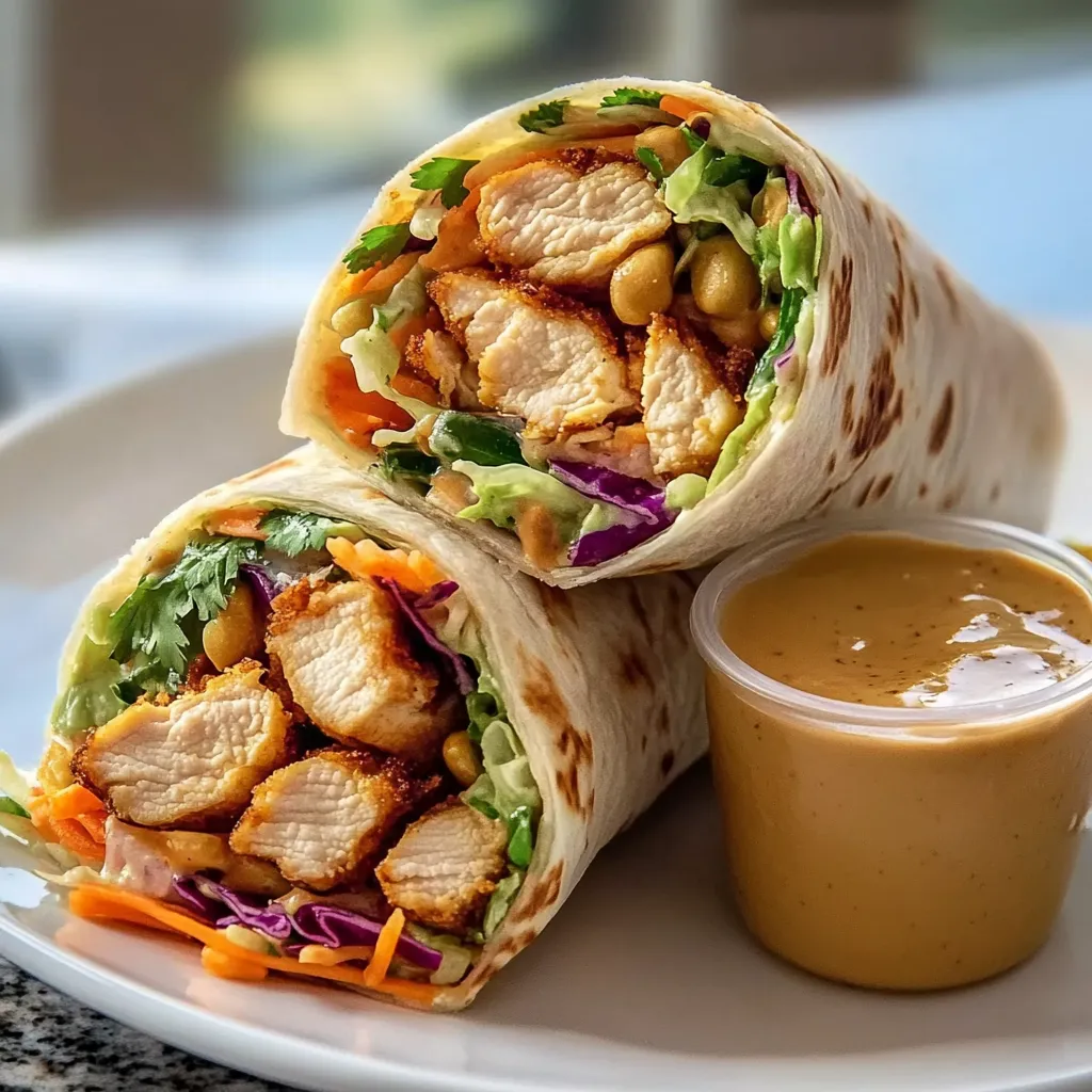 A chicken wrap with a side of sauce.