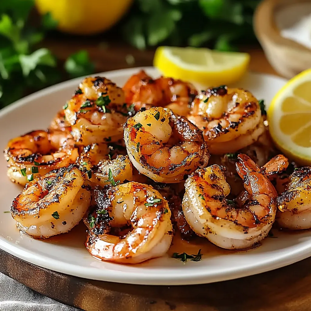 A plate of shrimp with lemon wedges on the side.
