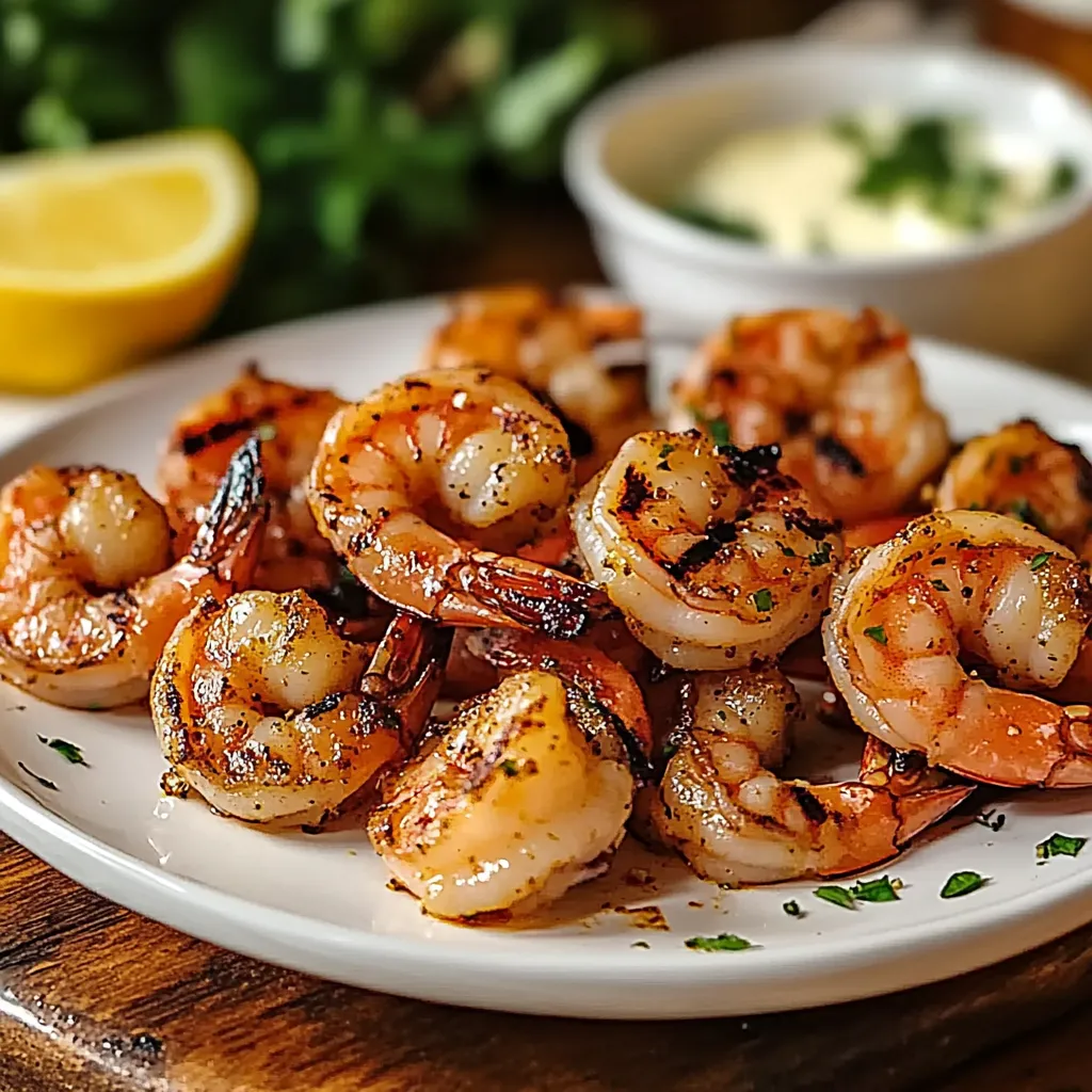 A plate of shrimp with a lemon wedge on the side.
