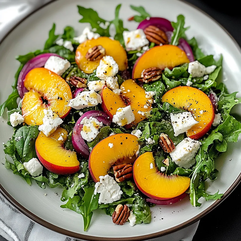 A plate of salad with peaches and feta cheese.