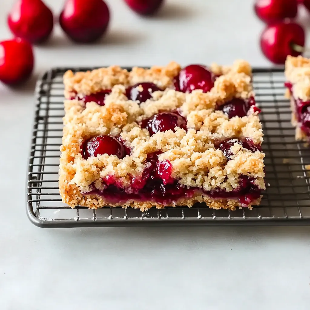 A square of cake with cherries on top.