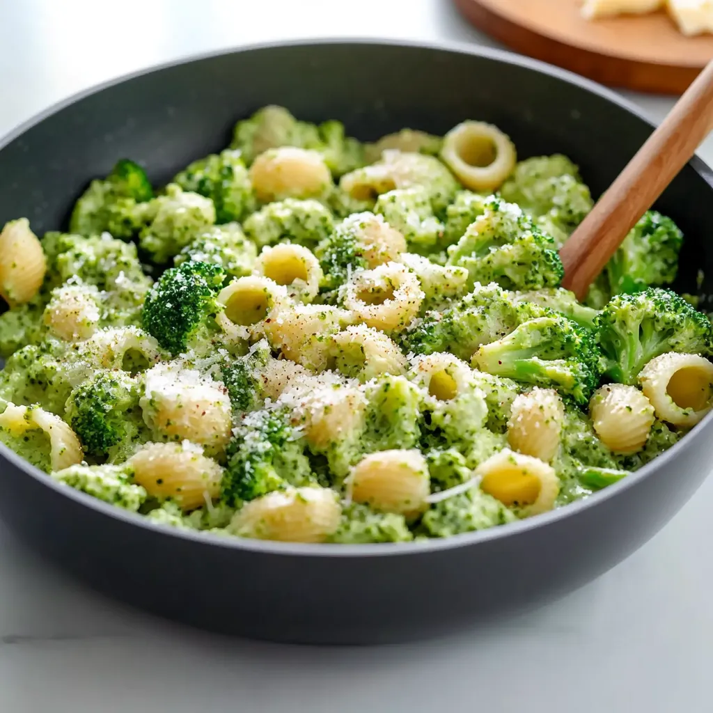 A bowl of pasta with broccoli and cheese.