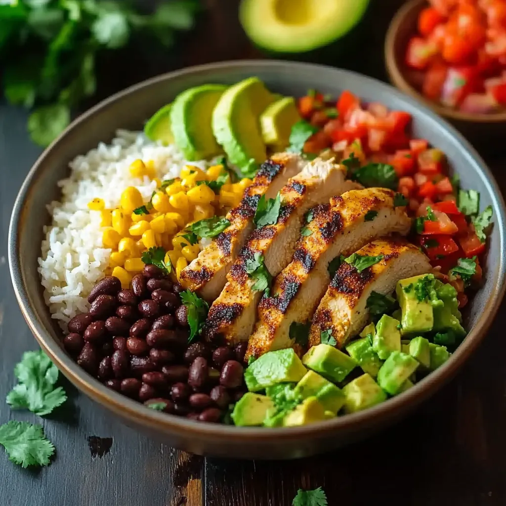 A bowl of food with rice, beans, corn, chicken, avocado, tomatoes, and lime.