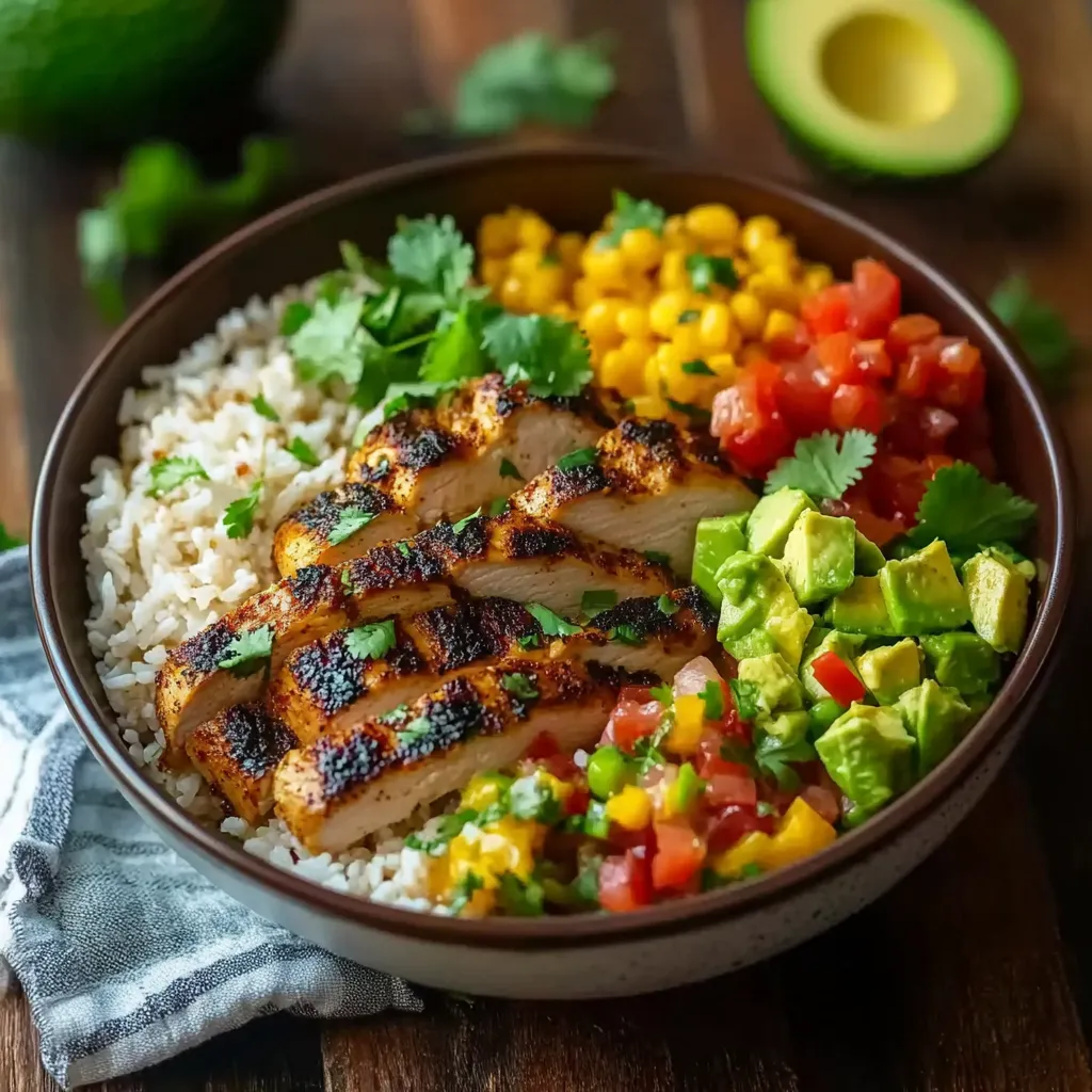 A bowl of food with rice, chicken, corn, tomatoes, and avocado.