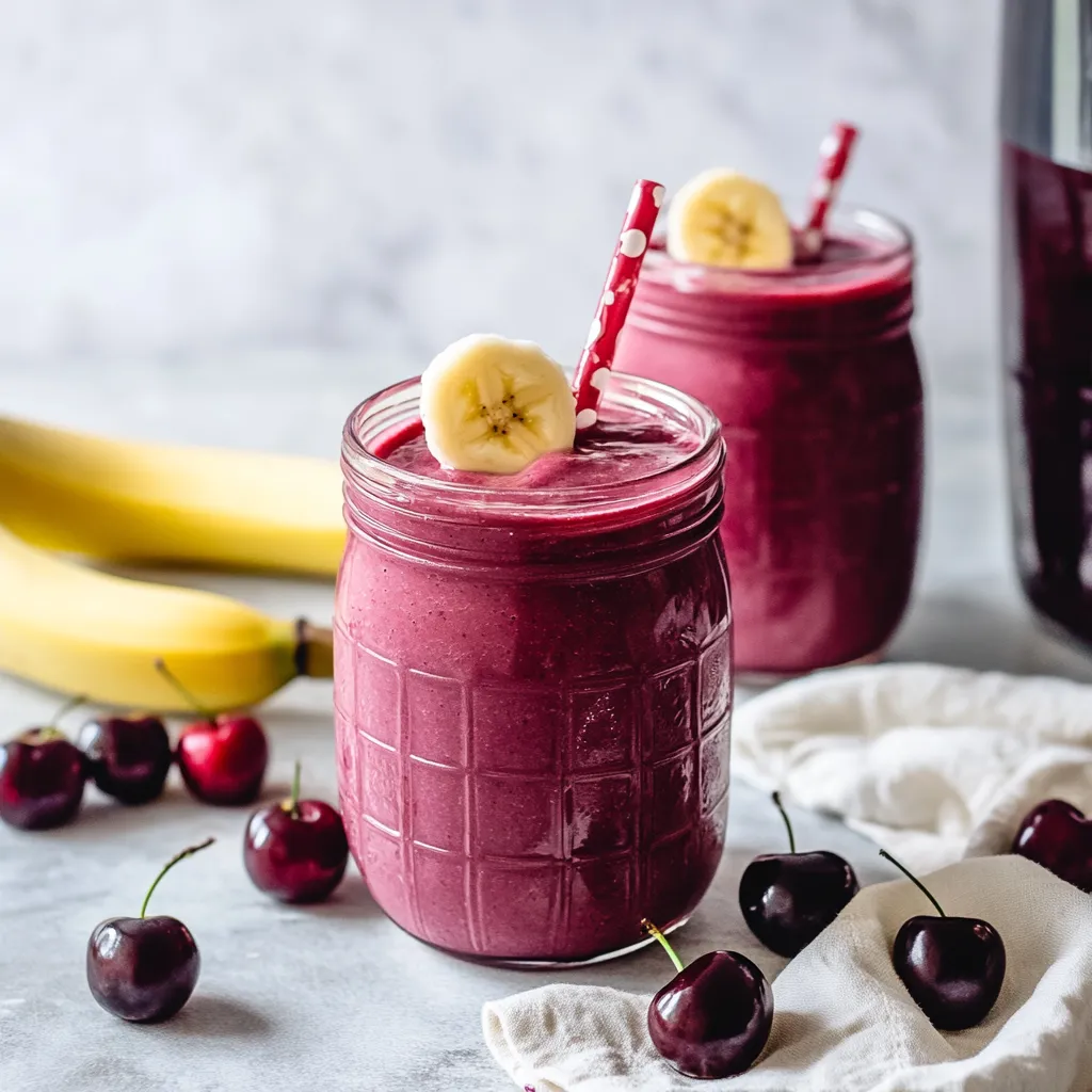 Two glasses of smoothie with bananas and cherries.