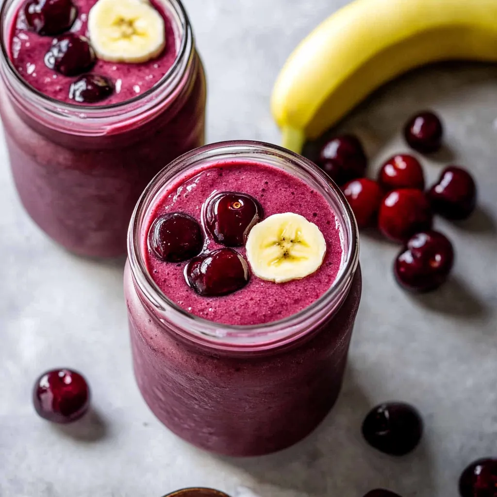 Two glasses of berry smoothie with bananas on top.
